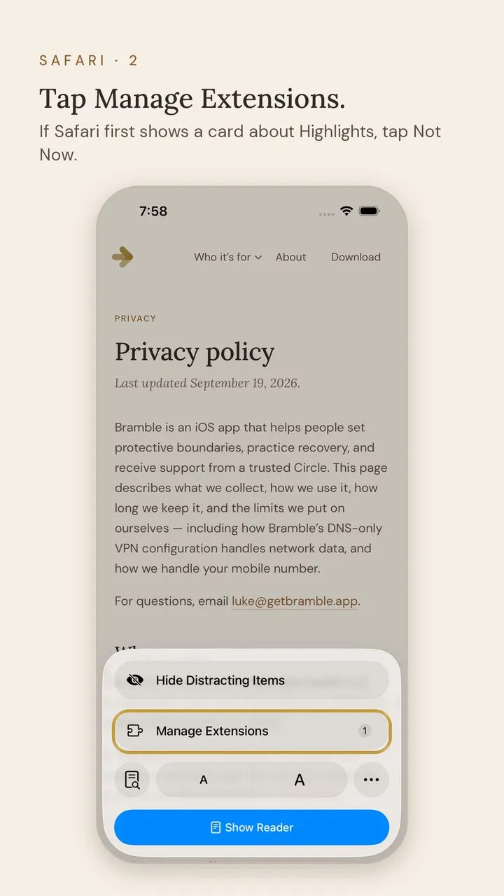 Screen 2 of 9. Safari · 2. Tap Manage Extensions. If Safari first shows a card about Highlights, tap Not Now.