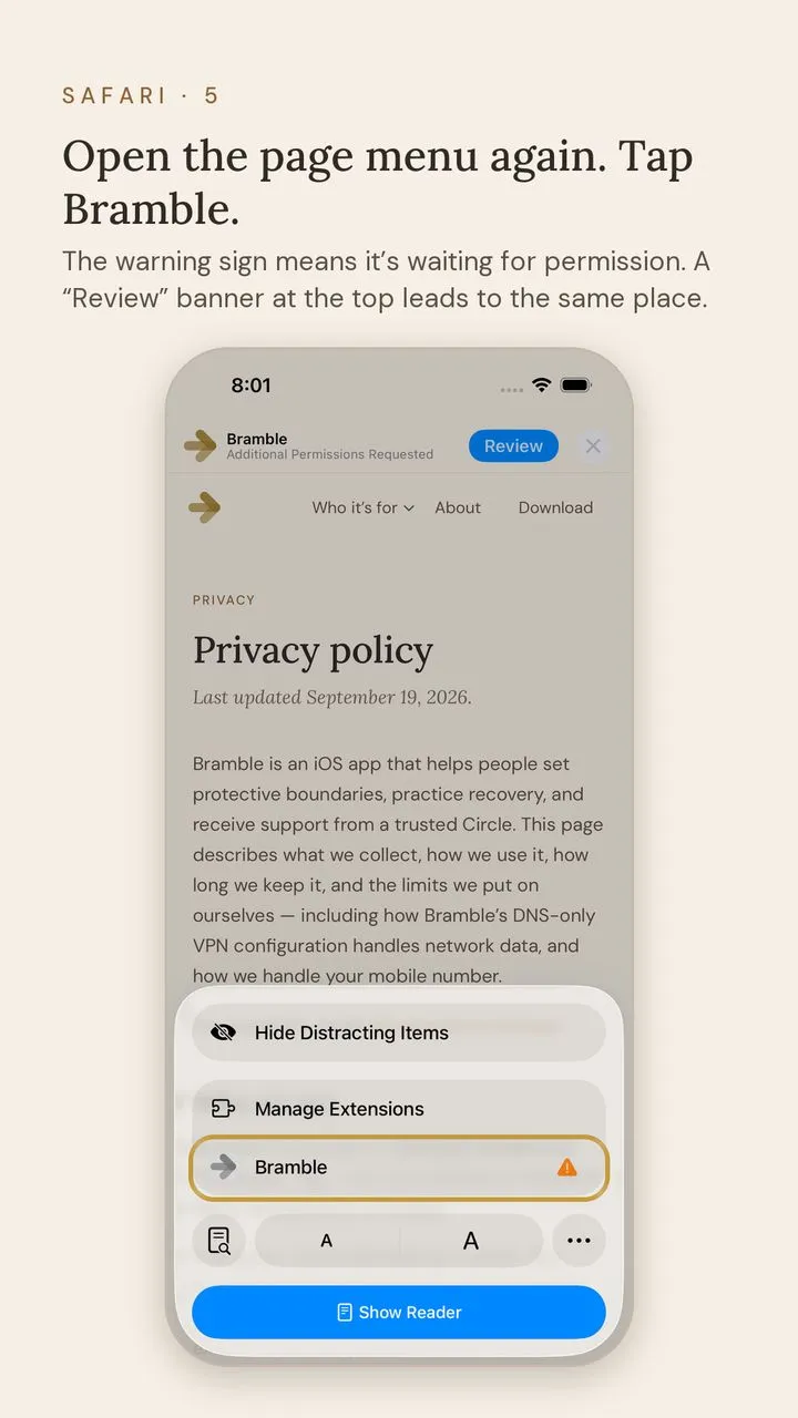 Screen 5 of 9. Safari · 5. Open the page menu again. Tap Bramble. The warning sign means it’s waiting for permission. A “Review” banner at the top leads to the same place.