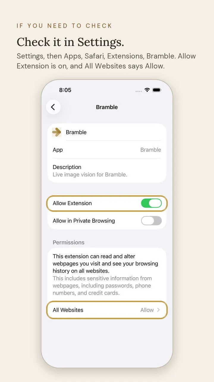 Screen 9 of 9. If you need to check. Check it in Settings. Settings, then Apps, Safari, Extensions, Bramble. Allow Extension is on, and All Websites says Allow.