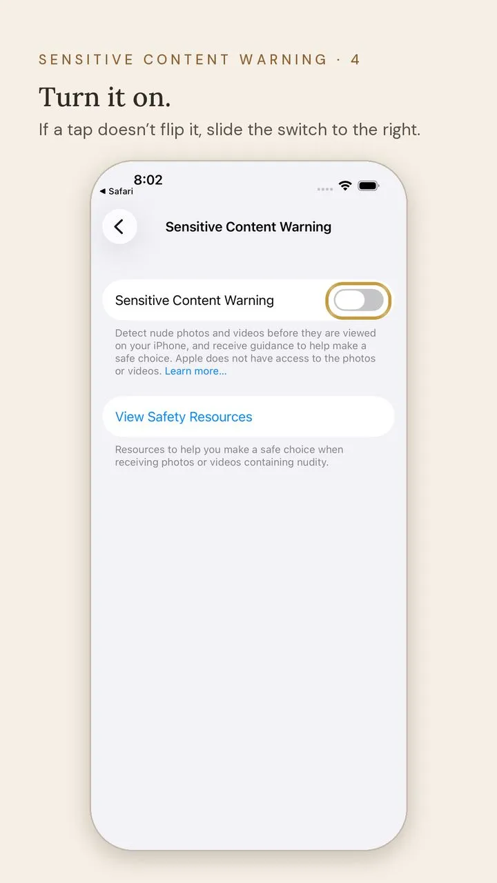 Screen 4 of 5. Sensitive Content Warning · 4. Turn it on. If a tap doesn’t flip it, slide the switch to the right.