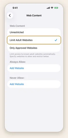 The Web Content screen, with Limit Adult Websites ticked.