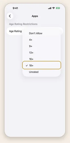 The Apps age-rating menu, with 18+ ticked.