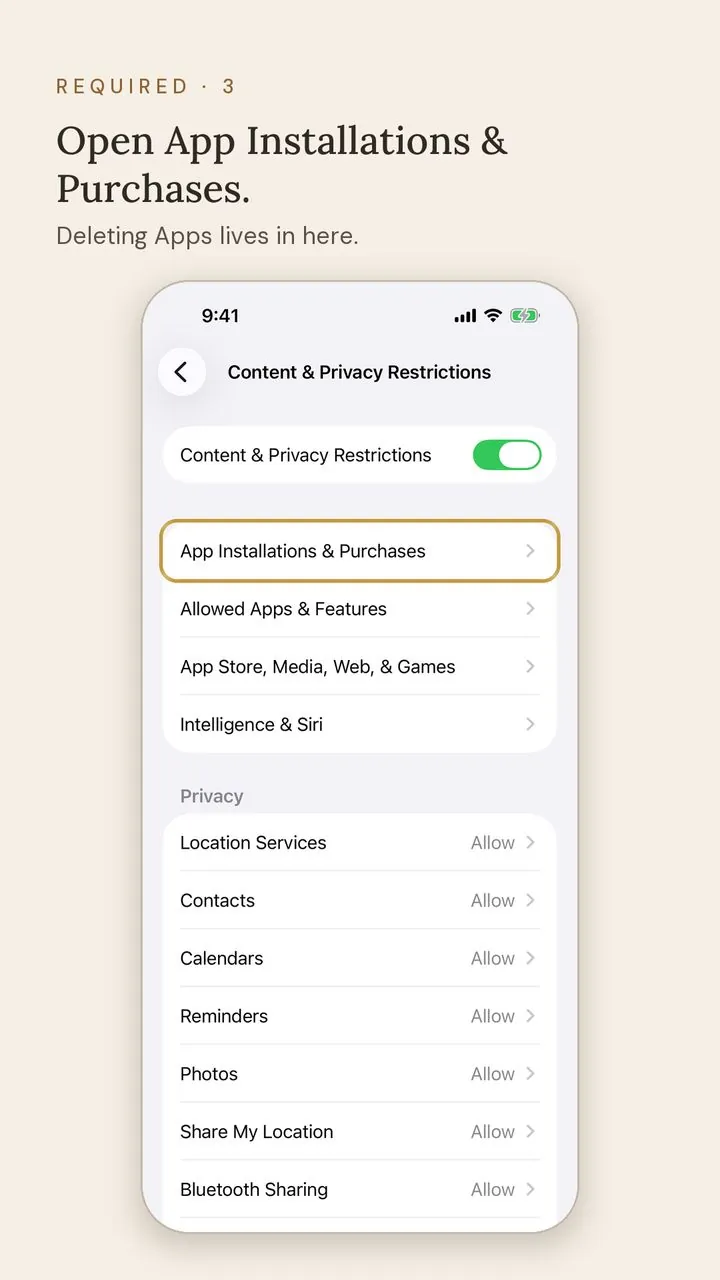 Screen 3 of 12. Required · 3. Open App Installations & Purchases. Deleting Apps lives in here.