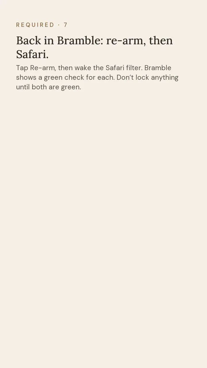 Screen 7 of 12. Required · 7. Back in Bramble: re-arm, then Safari. Tap Re-arm, then wake the Safari filter. Bramble shows a green check for each. Don’t lock anything until both are green.