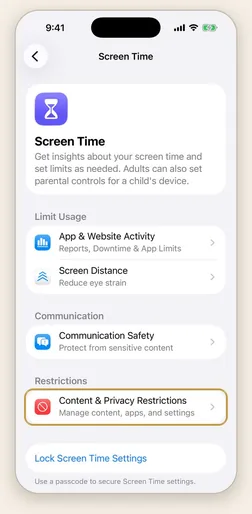 The Screen Time screen in iPhone Settings, with Content & Privacy Restrictions highlighted.
