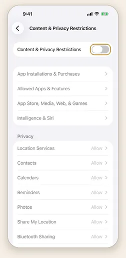Content & Privacy Restrictions with its switch still off, and the switch highlighted.