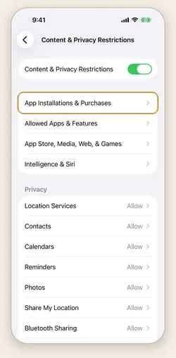 Content & Privacy Restrictions switched on, with App Installations & Purchases highlighted.