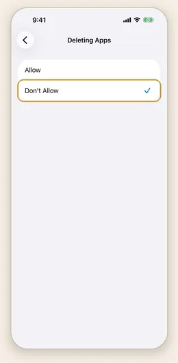 The Deleting Apps screen, with Don&rsquo;t Allow ticked.