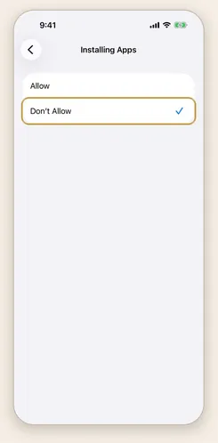 The Installing Apps screen, with Don&rsquo;t Allow ticked.