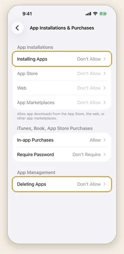 App Installations & Purchases, with Installing Apps and Deleting Apps both reading Don&rsquo;t Allow.