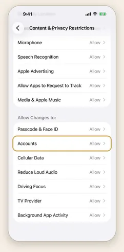Content & Privacy Restrictions scrolled down to Allow Changes to, with Accounts highlighted.
