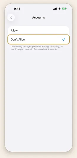 The Accounts screen, with Don&rsquo;t Allow ticked.