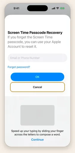 The Screen Time Passcode Recovery screen, asking for an email or phone number for an Apple Account, with Cancel highlighted beneath OK.