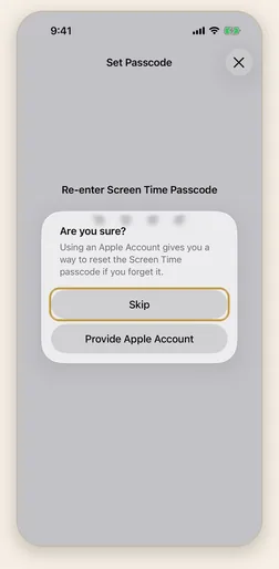 An &ldquo;Are you sure?&rdquo; prompt over the passcode screen, with Skip highlighted above Provide Apple Account.