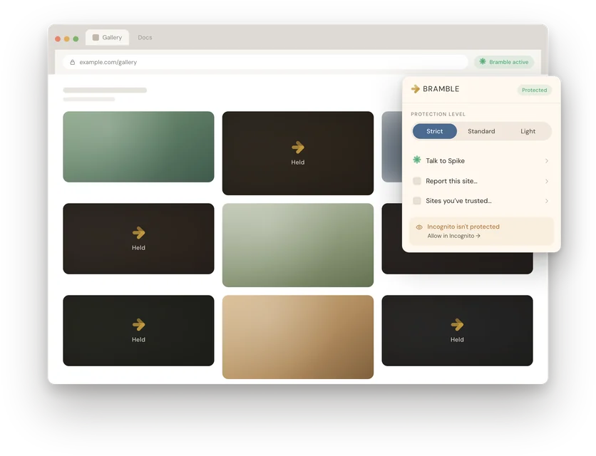 The Bramble extension open in Chrome. Protection is set to Strict, with a way to talk to Spike, report a site, or see the sites you have trusted &mdash; and a plain note that Incognito is not protected until you allow it there.