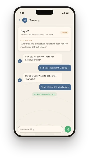 A Circle conversation in Bramble. A sealed check-in reads &ldquo;Steady &middot; two hard moments this week,&rdquo; and Marcus writes back &mdash; &ldquo;Proud of you. Want to get coffee Thursday?&rdquo; No site, no search, and no journal entry is shown to him.