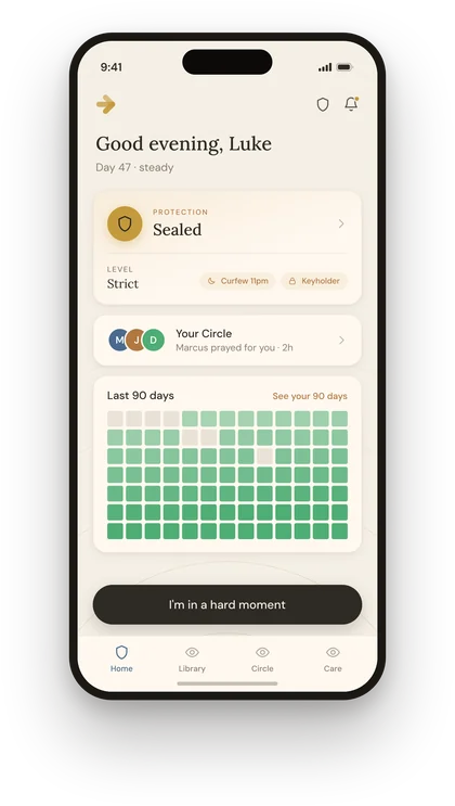 Bramble&rsquo;s home screen on iPhone. Protection reads Sealed at the Strict level, with a curfew and Keyholder set; below it the Circle shows that Marcus prayed, and a button reads &ldquo;I&rsquo;m in a hard moment.&rdquo;