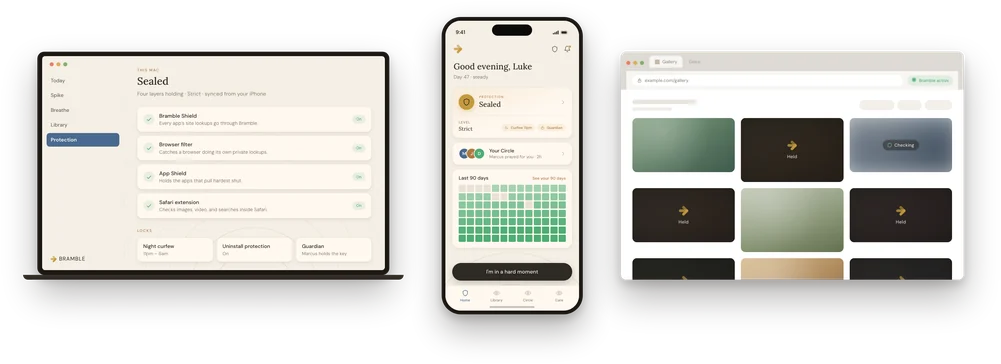 Bramble on three screens &mdash; the iPhone app, the Chrome extension, and the Mac app.