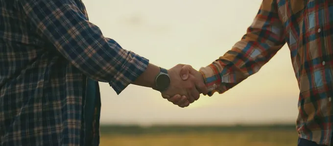 Two men shaking hands in a field at the end of the day.