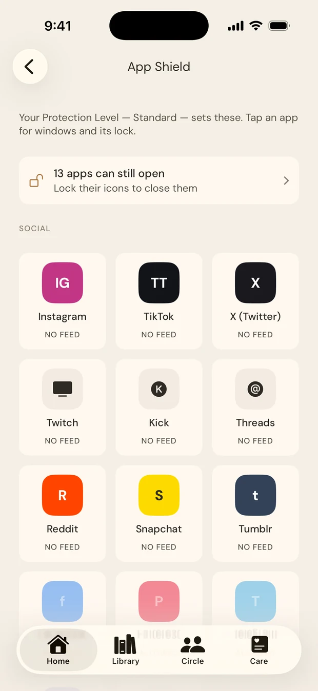The App Shield grid, showing social apps and whether each can open.