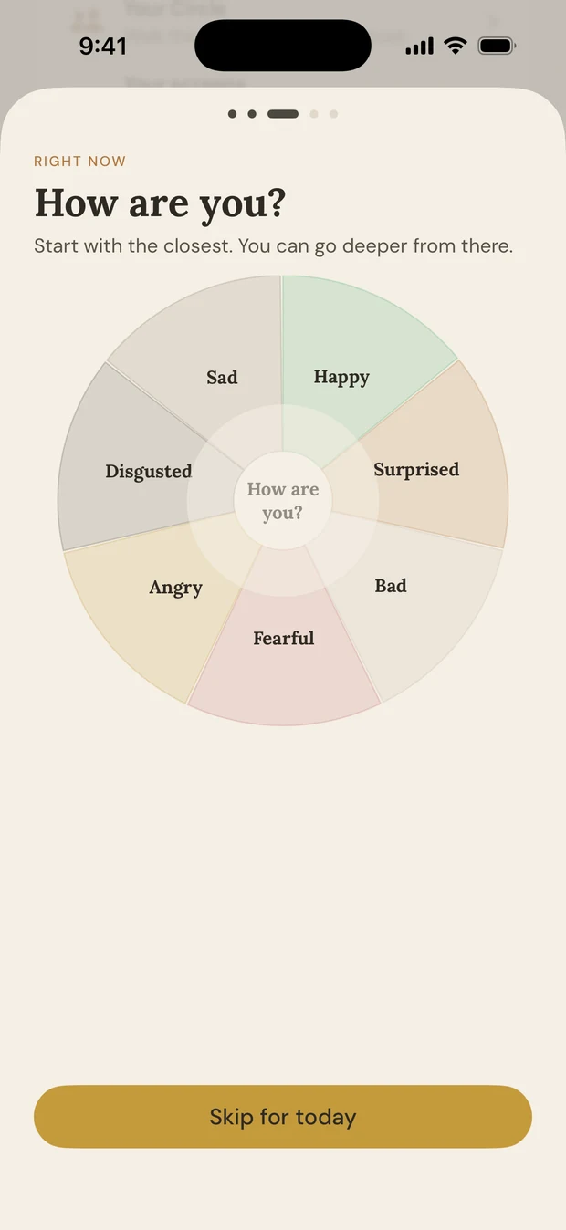 The feelings wheel, with seven core feelings around a centre.