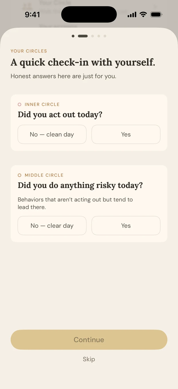The check-in step asking about the inner and middle circle.