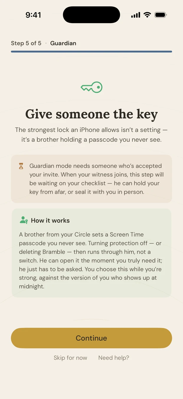 The Guardian screen, explaining that a brother holds the passcode.