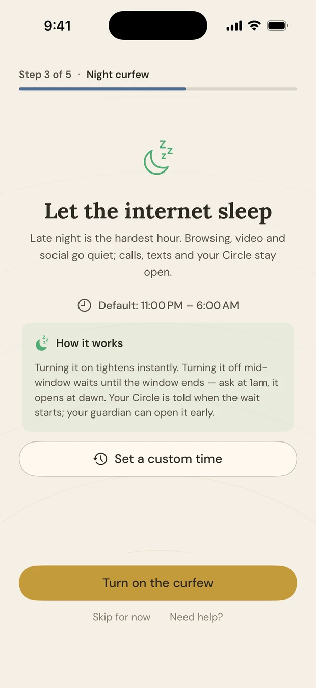 The night curfew screen, showing a default window of 11pm to 6am.